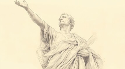 Obraz premium Biblical Illustration of Bildad’s Second Speech - Bildad Raising His Hand Toward the Sky, Emphasizing God’s Vast Dominion and the Inability of Anyone to Be Righteous Before Him, Beige Background