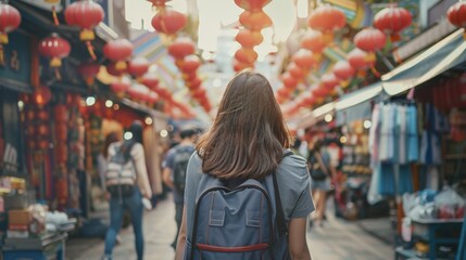 Obraz premium A young woman with a backpack walks through a bustling street market adorned with red lanterns, capturing a moment of cultural exploration.