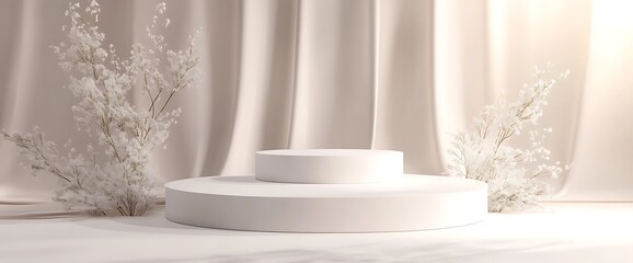 Two white podiums with flowers and light beige background.
