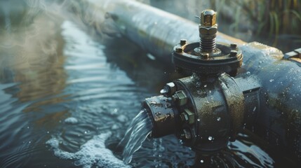 Fototapeta premium An elaborate industrial pipe system releasing water, surrounded by a misty atmosphere that highlights engineering prowess.