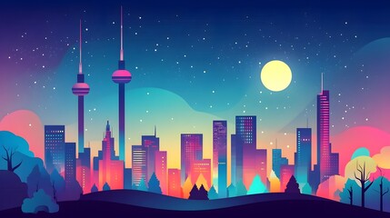Fototapeta premium Colorful City Skyline Night Illustration
