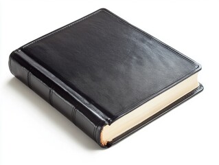 A black leather-bound notebook on a white background