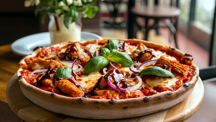 Chicago-style deep-dish BBQ chicken pizza topped with fresh basil, onions, barbecue sauce, and melted cheese. Perfect for food lovers and culinary enthusiasts. 