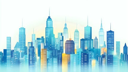 Blue & Yellow Cityscape Skyline, Modern Architecture, Urban Background