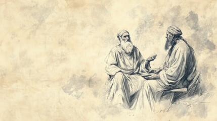 Naklejka premium Biblical Illustration of Bildad Speaking - Bildad Sitting Beside Job, Softly Yet Authoritatively Speaking of God’s Certain Judgment, Beige Background