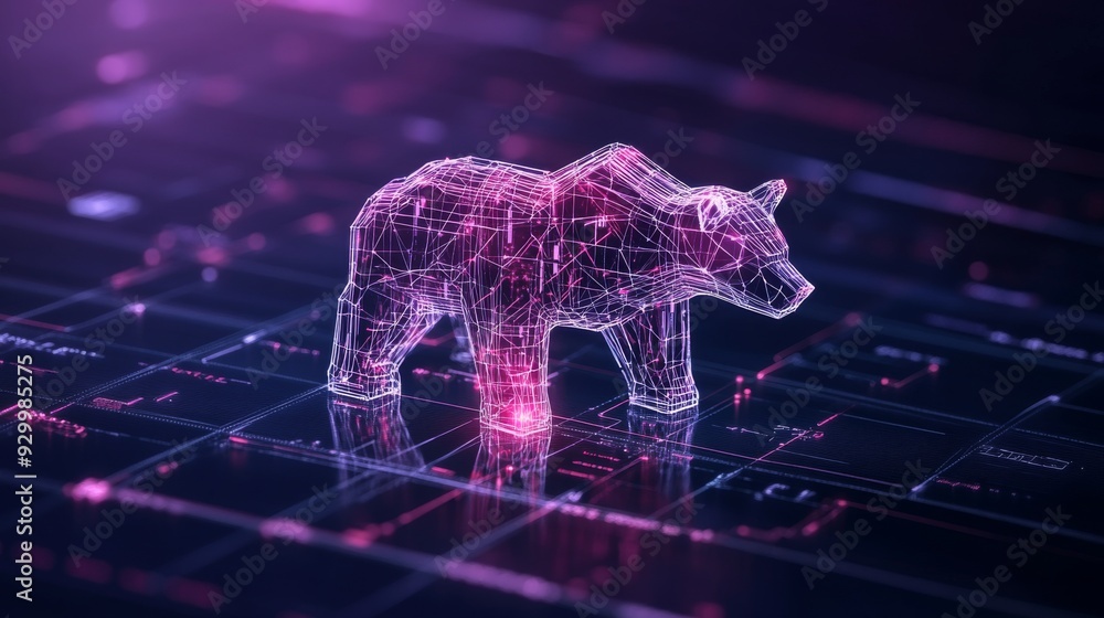 Poster dynamic financial downtrend chart with bear symbol and wireframe elements on clean background for bu