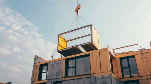 A modular construction piece being hoisted by a crane under a clear blue sky, demonstrating advanced building techniques and modern architecture.