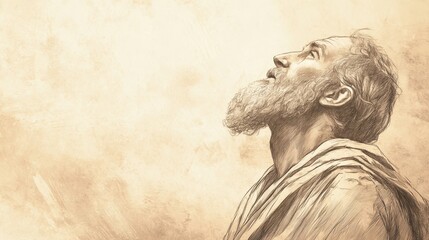 Fototapeta premium Biblical Illustration of Job’s Reply to Eliphaz - Job Looking Up to the Sky, Pleading His Case Before God with Sorrow and Defiance, Beige Background