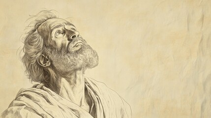 Fototapeta premium Biblical Illustration of Job’s Desire for a Mediator - Job Gazing at the Sky, Expressing His Longing for Someone to Stand Between Him and God, Beige Background