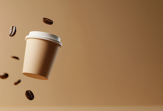 Banner with levitate Coffee Cup with floating coffee beans on beige  background. Coffee to go, template mockup design. Paper cup and roasted beans flying on  background with copy  space for text. eco