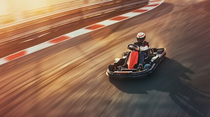 A go-kart racer navigates through a sunny circuit, the warm light and blurred background heightening the sense of speed and precision.
