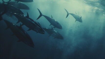 Obraz premium A school of tuna swims gracefully in deep blue ocean waters, creating a mesmerizing underwater scene of natural beauty and motion.