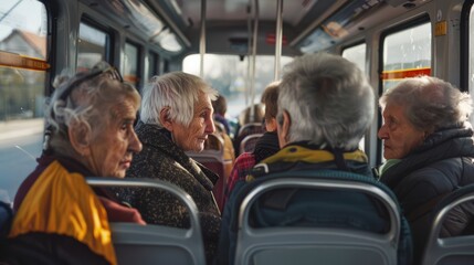 Elderly passengers share a moment of connection and laughter while seated in a cozy, sunlit bus, reflecting the warmth of community and togetherness during a journey.