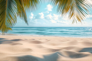 Tropical summer sand beach and palm on sea sky background, copy space. Summer vacation and travel concept.