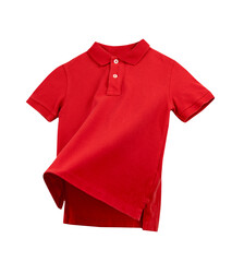 Red male shirt with collar isolated on white, nobody. Boy's clothes item.Flying apparel.