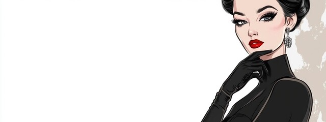 Fototapeta premium Trendy Cartoon Girl in Black Vintage Dress and Gloves with Red Lips Retro Style Character