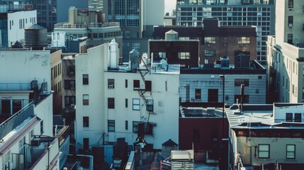 Downtown buildings form a geometric puzzle, shadows playing around the facades create a moody, architectural cityscape scene.