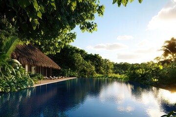 Eco-resort, sustainable hotel in tropical environment, 3D illustration