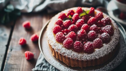 A mouthwatering tart topped with fresh raspberries dusted with powdered sugar, presented on a rustic wooden table.