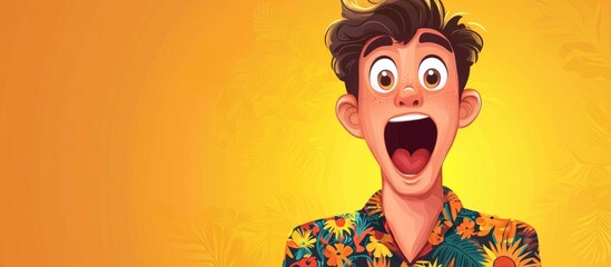 Obraz premium Surprised and Excited Young Cartoon Man with Open Mouth in Colorful Batik Shirt