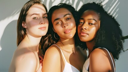 Fototapeta premium Three diverse women stand close together in warm sunlight, their faces serene and glowing, embodying beauty and unity.