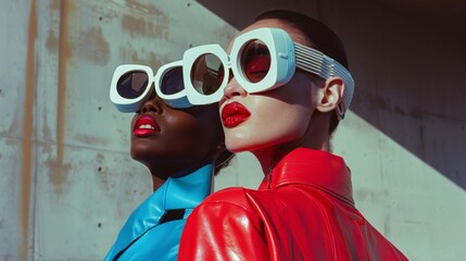Two stylish individuals in vibrant blue and red leather jackets, wearing bold, futuristic sunglasses, pose confidently against a modern concrete background.