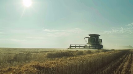 Obraz premium Under the bright sun, a combine harvester traverses a vast wheat field, creating a dusty trail as it operates.