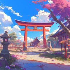 Enchanting Japanese Fantasy Adventure: Vibrant Anime-Style Digital Art Showcasing Ancient Architecture and Cultural Wonders. Perfect for Game Design, Tourism Marketing, UI Elements, and 4K Wallpapers.