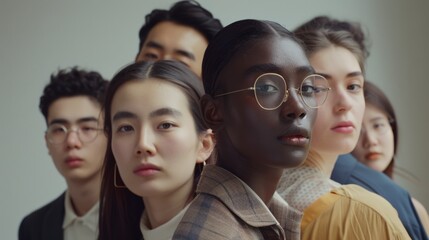 A diverse group of individuals stands closely together, highlighting unity and diversity with a sense of depth and emotion on their faces.