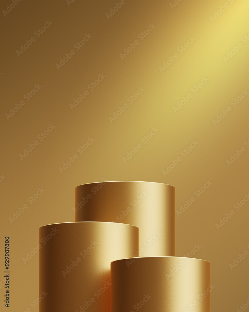 Poster Gold display stand 3D geometric luxury modern design pedestal platform stage space scene realistic shiny bright premium elegant abstract art background product object minimal presentation showcase.