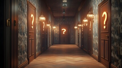 A cozy, warmly lit hallway with wooden floors and soft, patterned wallpaper, multiple wooden doors with gently glowing question marks, warm, soft lighting creating a welcoming atmosphere, classic