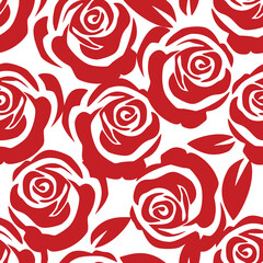 Hand drawn red rose flower and leaf seamelss pattern