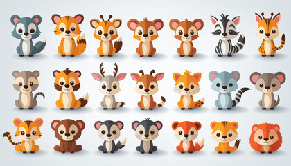Set isolé illustrations cartoon icônes animaux enfant fun mignon ludique.