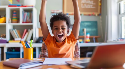 A cheerful young boy in an orange shirt, excitedly raising his hands in an energetic classroom, surrounded by colorful books and school supplies.