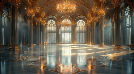 Obraz premium A gala in the magical academy the grand hall, arched windows lined the walls, allowing moonlight to spill across the polished marble floors, with the warm glow of the enchanted chandeliers above.