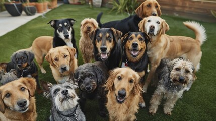 A diverse group of dogs gathers on a neatly mowed lawn, looking directly at the camera with joyful and curious expressions, embodying companionship.