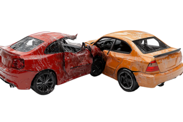 Graphic image of a side collision between a red and an orange car, both showing extensive damage, set against a transparent background in PNG format. This illustration is particularly effective 
