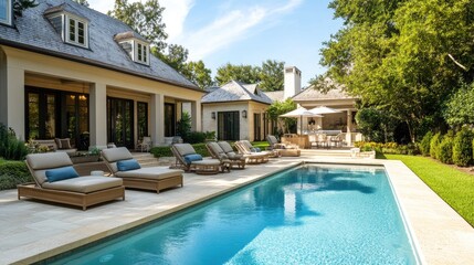 Fototapeta premium A luxurious backyard oasis featuring a sparkling pool, comfortable patio furniture, and a serene atmosphere, perfect for summer relaxation.