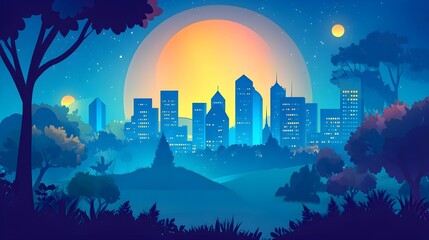 Fototapeta premium Night Cityscape with Moon and Stars