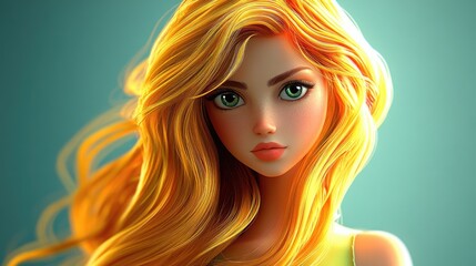 Fototapeta premium Stylish 3D cartoon young lady with long vibrant golden hair