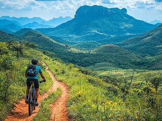 Fototapeta premium A cyclist navigating an expansive trail network, embarking on an adventurous expedition through diverse terrains Bicycle Network Expedition, Trail adventure