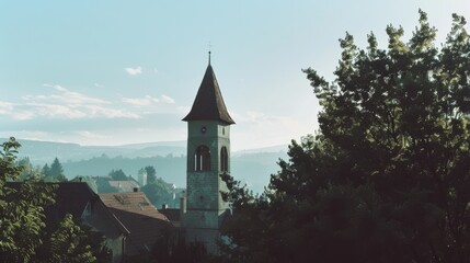 An elegant church tower rises above a quaint village framed by lush trees, painted against a serene morning sky.