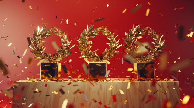 Three gold laurel wreath trophies on a pedestal amidst a shower of celebratory confetti against a vibrant red background. - Powered by Adobe