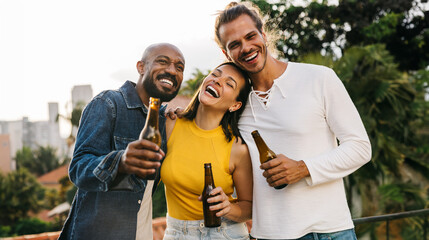 Diverse friends enjoying drinks outside in the city