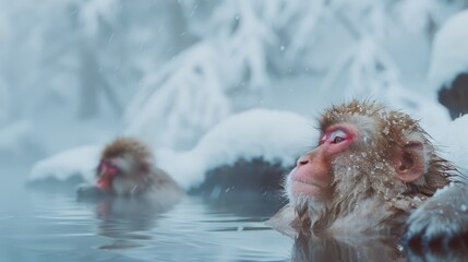 Naklejka premium A Japanese macaque gazes thoughtfully in the hot spring, surrounded by snowy landscape and soft falling snow, exuding peacefulness and reflection.