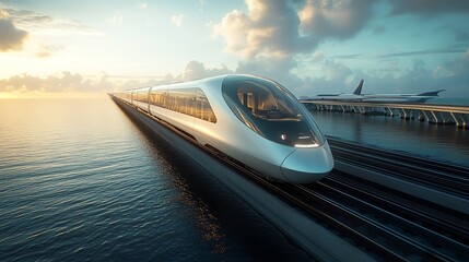Fototapeta premium A highspeed rail line connecting a harbor to an airport, facilitating rapid transfers between sea and air transport systems Speed Harbor Airline, Highspeed rail connection