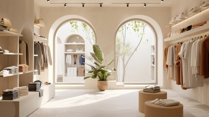 A bright, minimalist boutique with arched windows, white walls, wooden shelves, and neutral-toned clothing, offering a serene shopping experience.