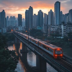 Obraz premium A metro train crossing a bridge over a river, with cargo wagons attached to transport goods across the city Metro Bridges Goods, Urban river crossing
