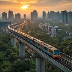 Obraz premium A metro train carrying goods across an elevated bridge, part of a network designed to reduce road congestion in a busy city Metro Bridges Goods, Elevated transport