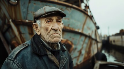 An elderly man wearing a cap gazes wistfully at a rusted old ship, evoking nostalgia and memories of past maritime adventures.